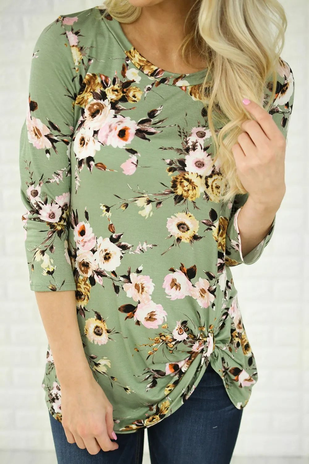 3/4 Sleeve Mint Floral Knot Top