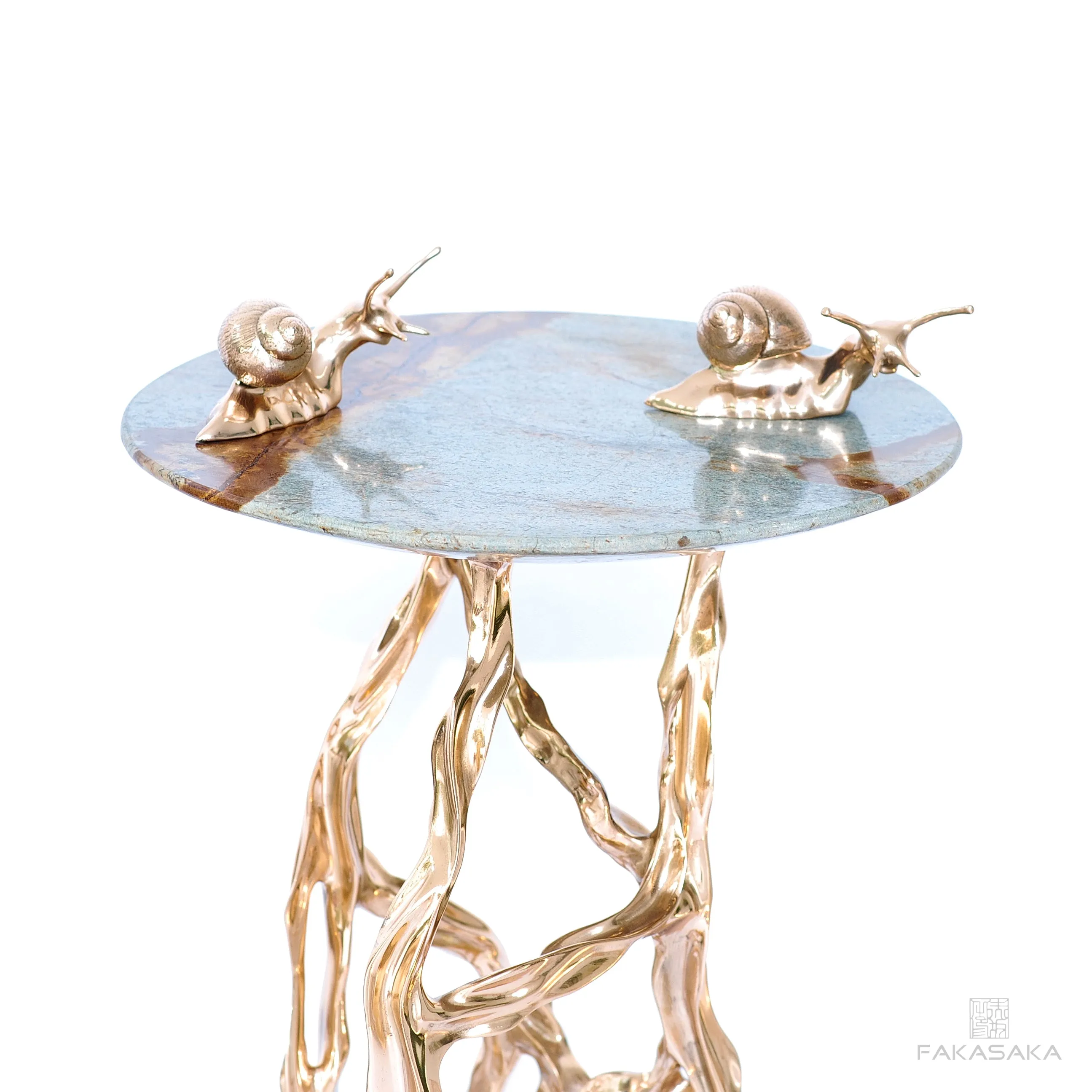 ALEXIA DRINK TABLE<br><br>BLUE MARE QUARTZITE<br>POLISHED BRONZE