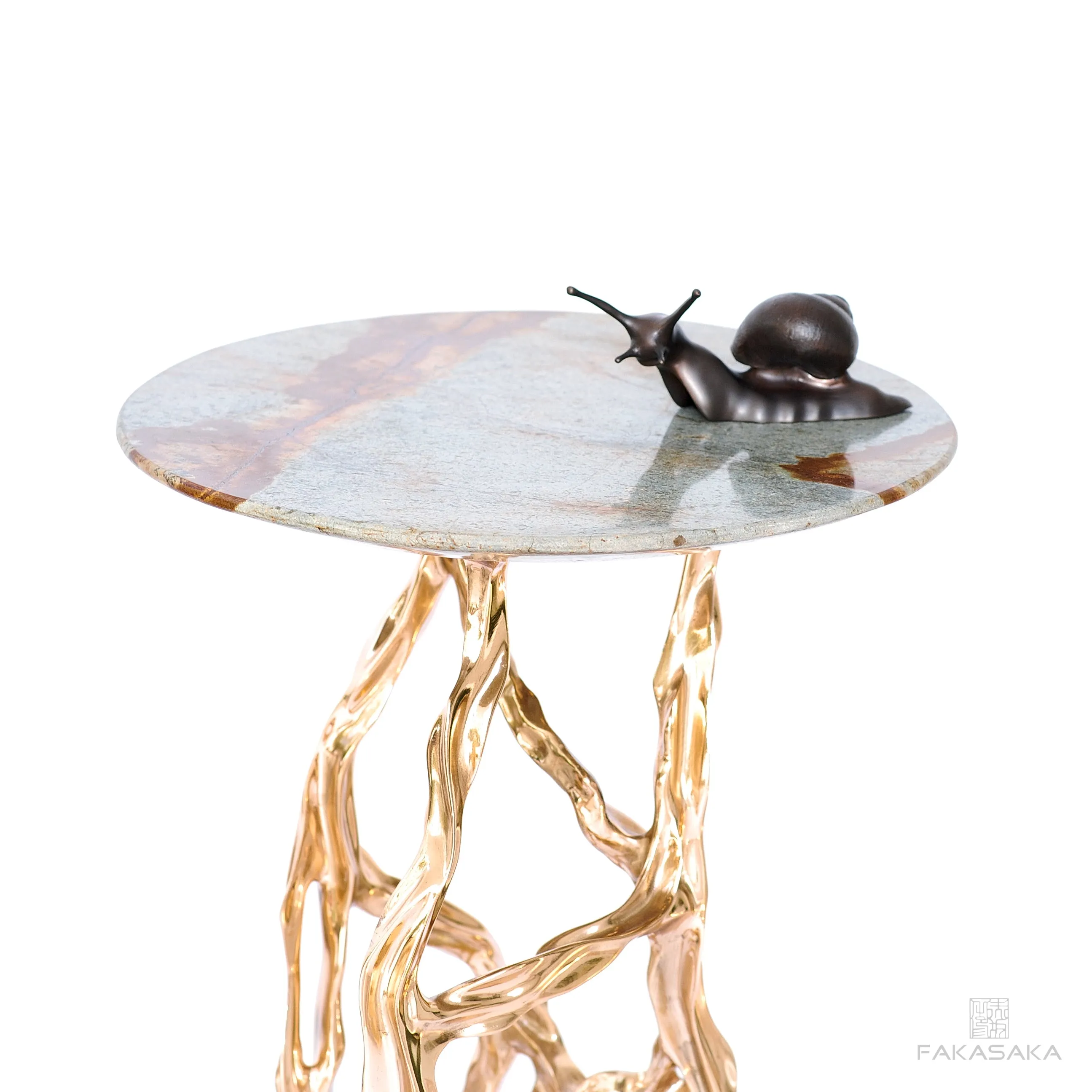 ALEXIA DRINK TABLE<br><br>BLUE MARE QUARTZITE<br>POLISHED BRONZE