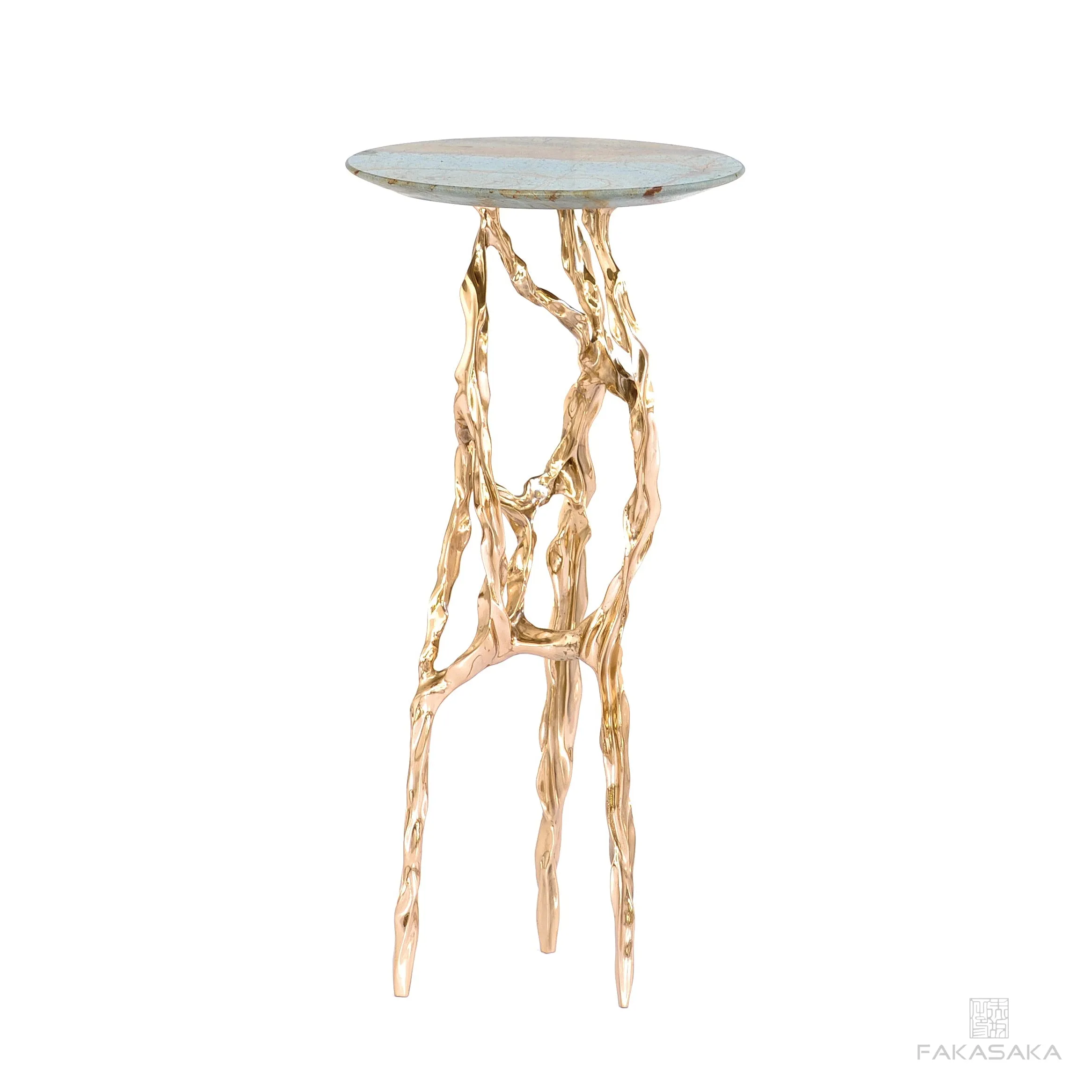 ALEXIA DRINK TABLE<br><br>BLUE MARE QUARTZITE<br>POLISHED BRONZE