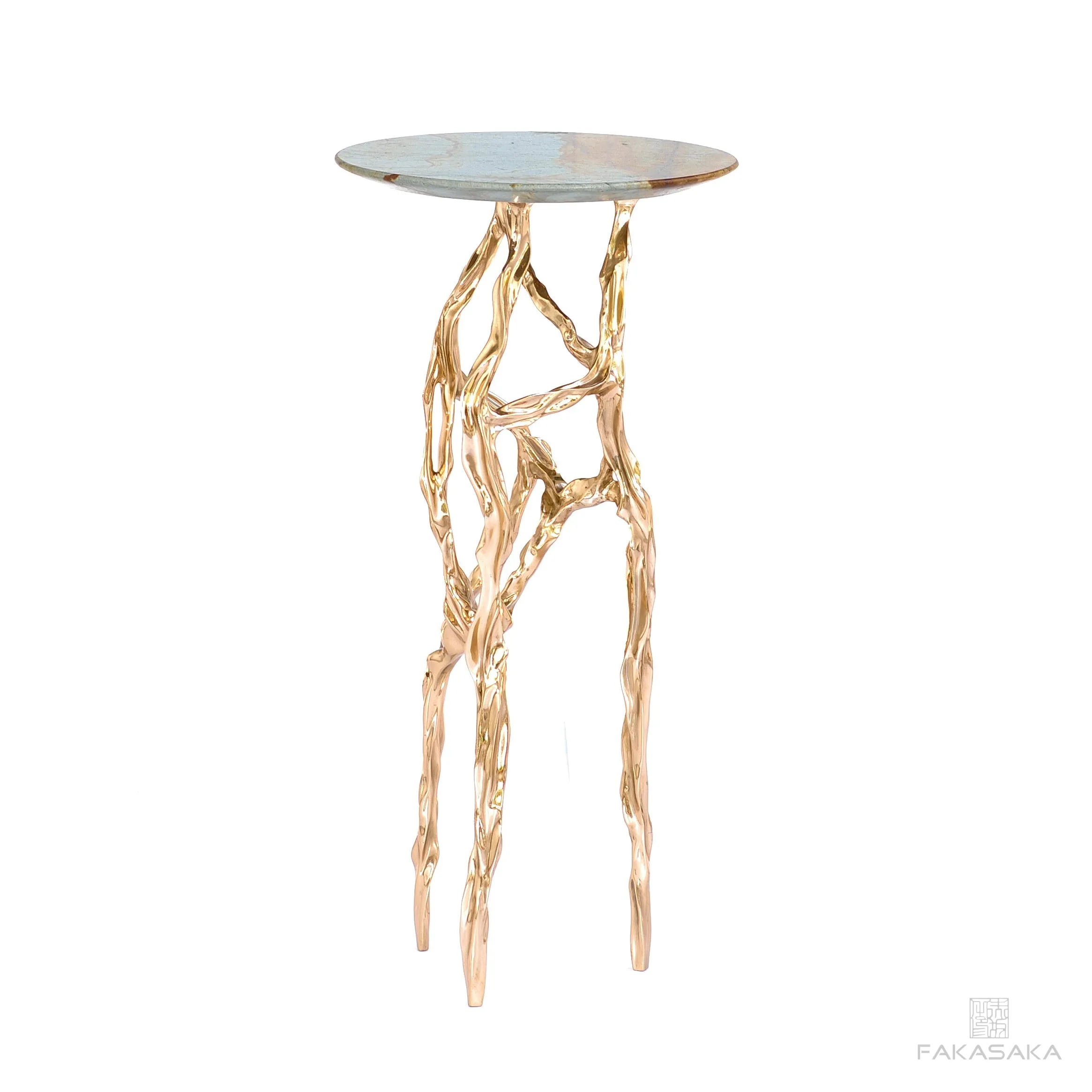 ALEXIA DRINK TABLE<br><br>BLUE MARE QUARTZITE<br>POLISHED BRONZE