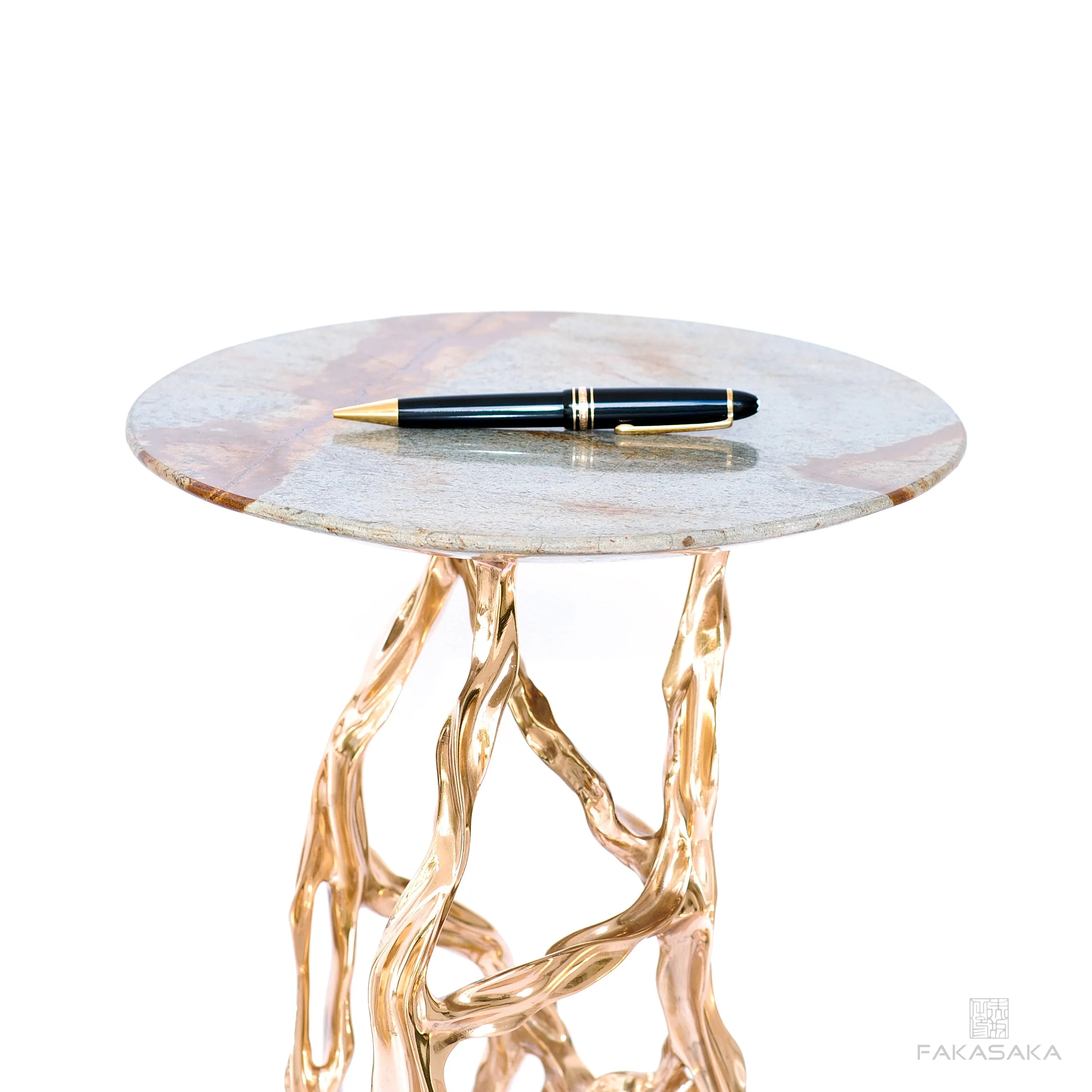 ALEXIA DRINK TABLE<br><br>BLUE MARE QUARTZITE<br>POLISHED BRONZE