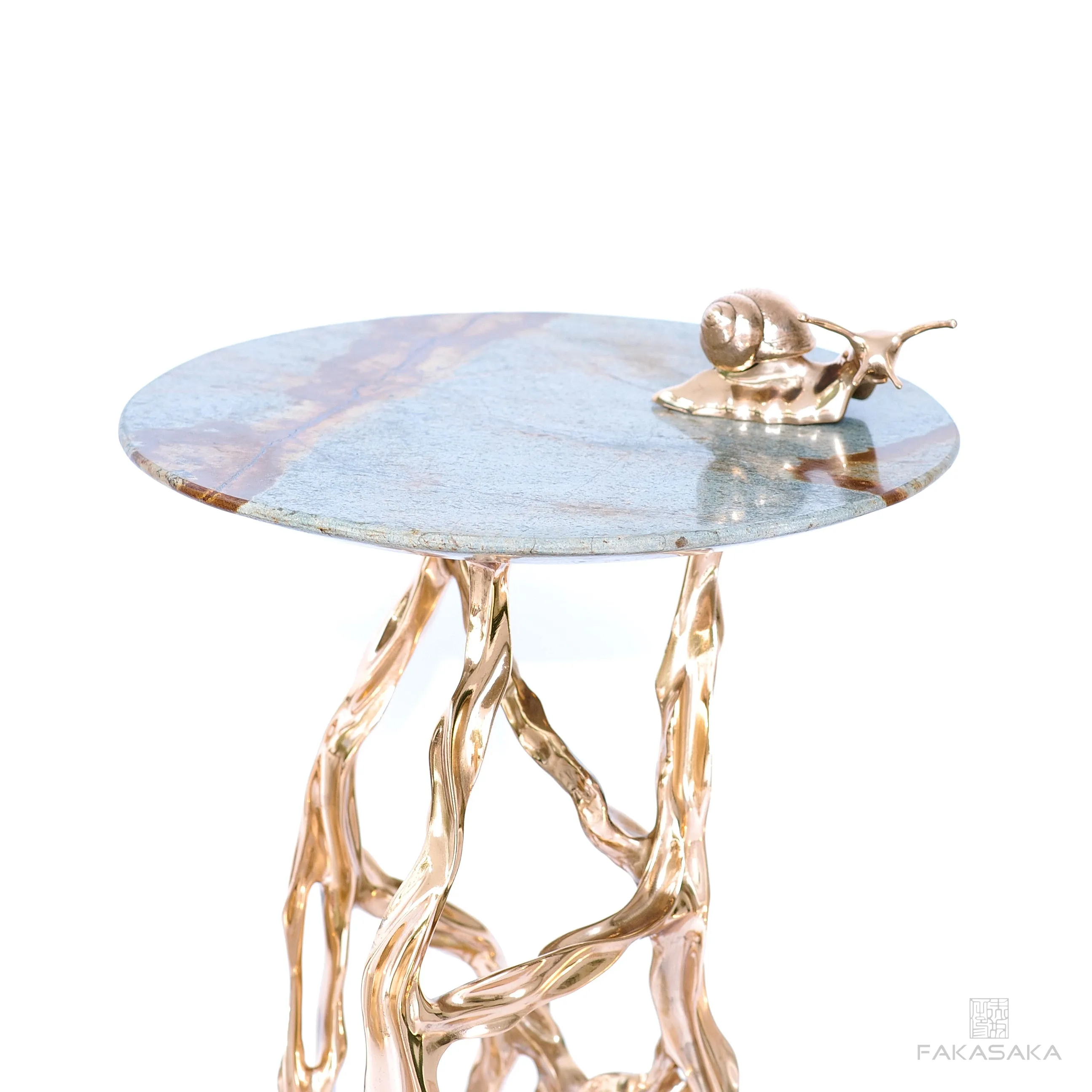 ALEXIA DRINK TABLE<br><br>BLUE MARE QUARTZITE<br>POLISHED BRONZE