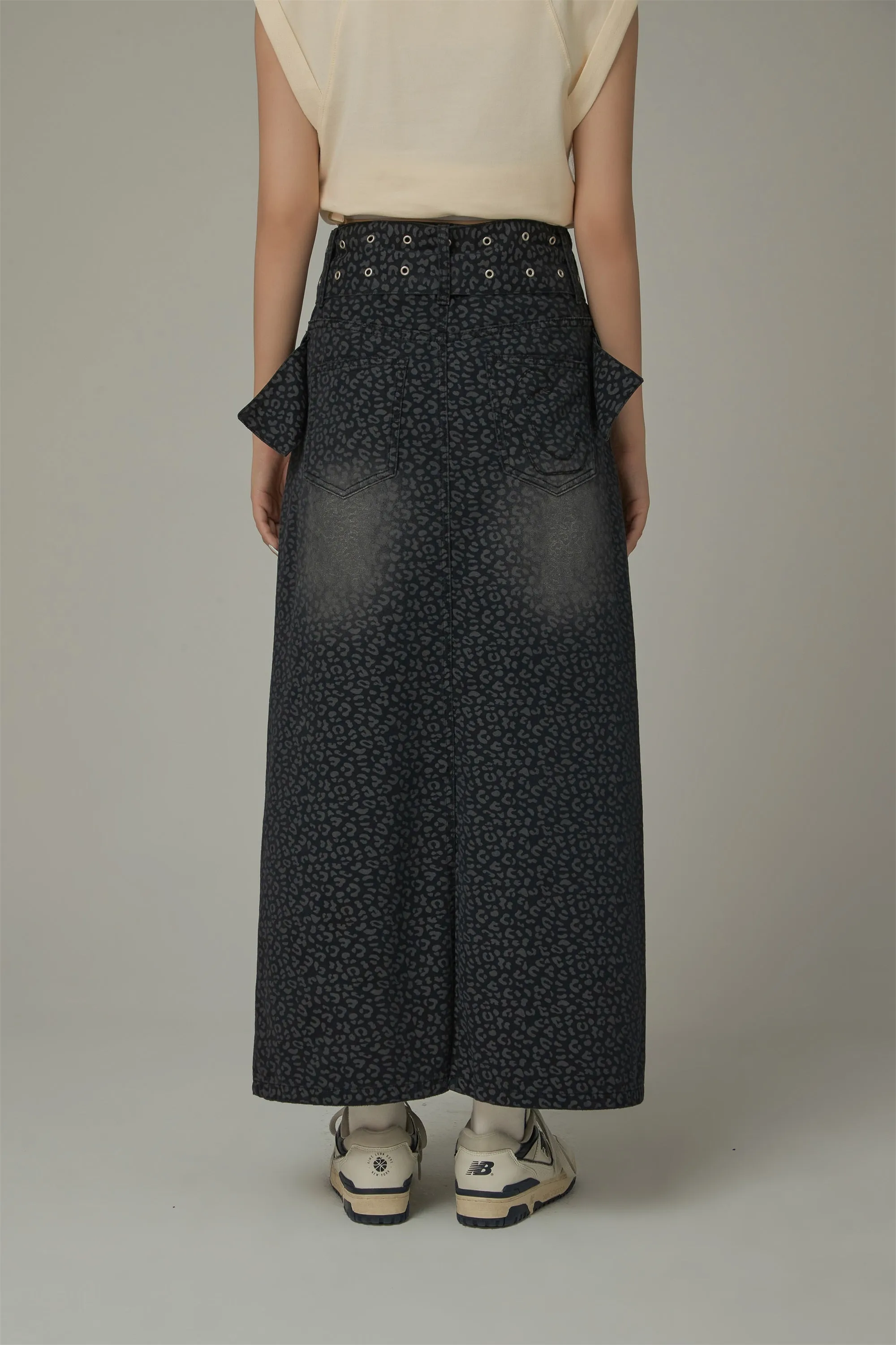 Belted Double Buckle Leopard Long Skirt