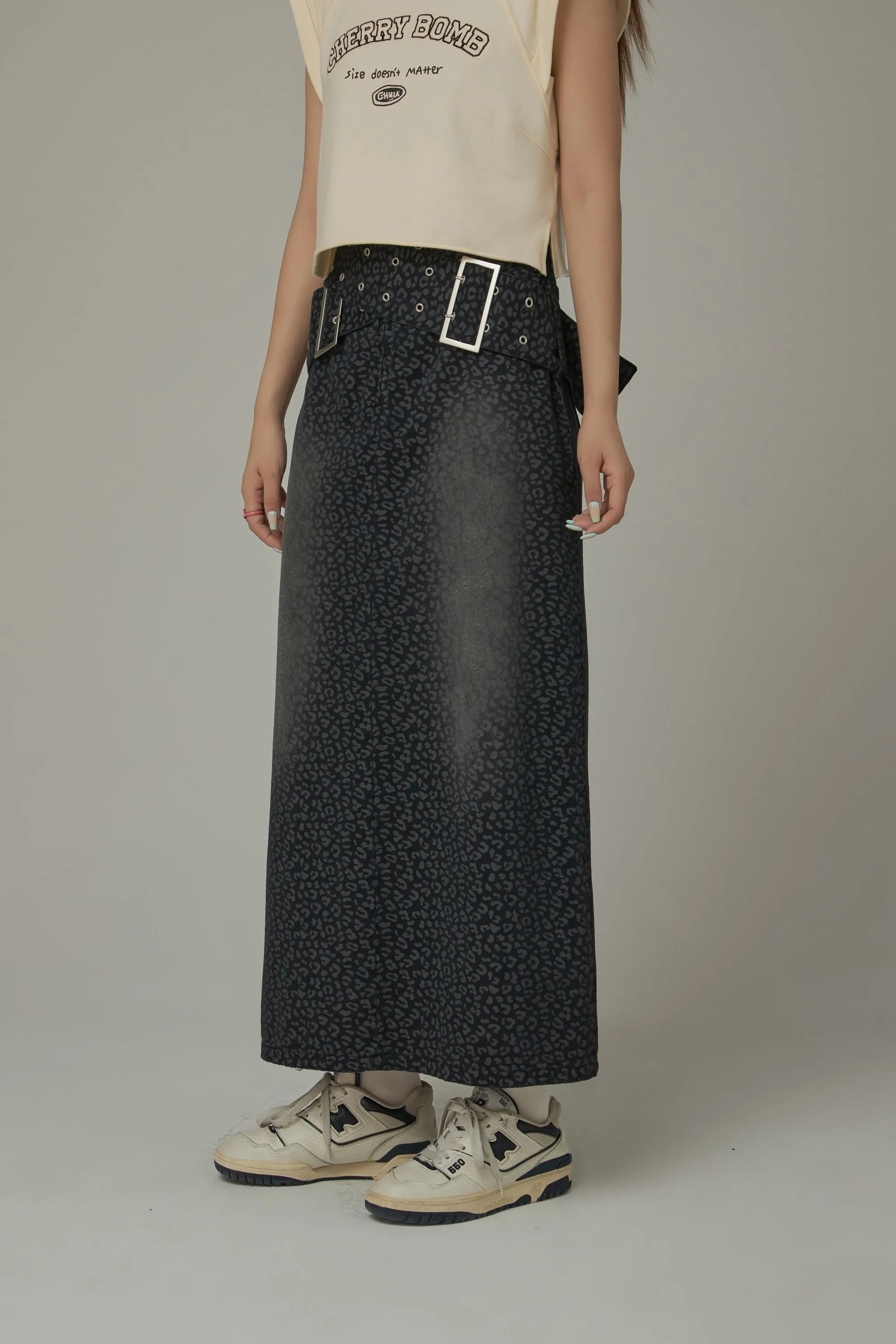 Belted Double Buckle Leopard Long Skirt