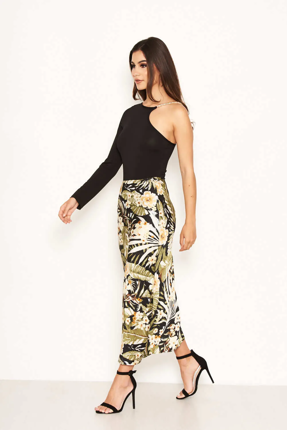 Black Floral Satin Midi Skirt