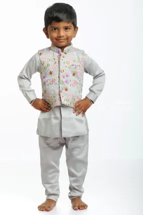 Boys Embroidered Floral Jacket with Kurta, Pant, and Dhoti Set