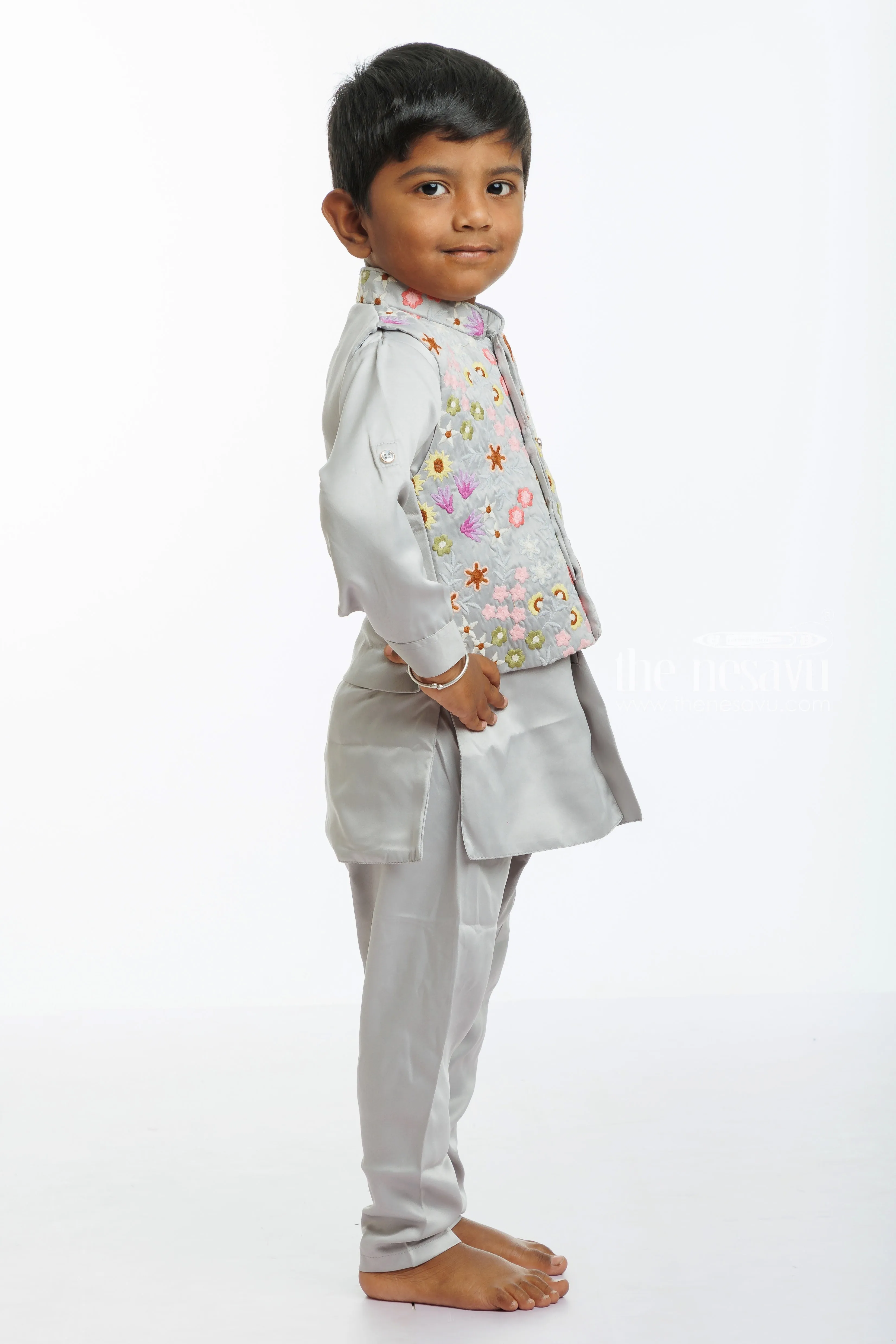 Boys Embroidered Floral Jacket with Kurta, Pant, and Dhoti Set