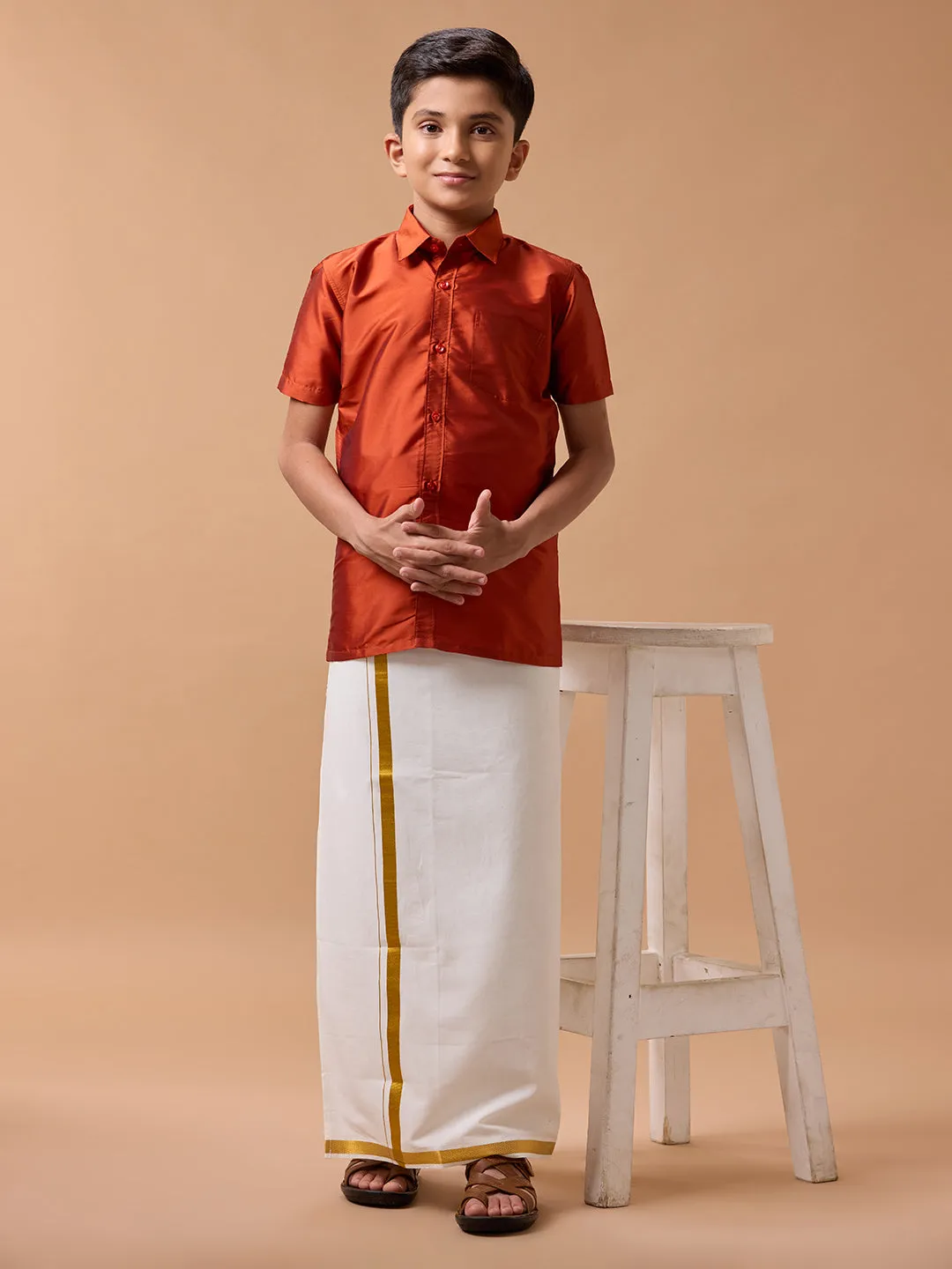 Boys Silk Cotton Shirt with Dhoti Set Brick