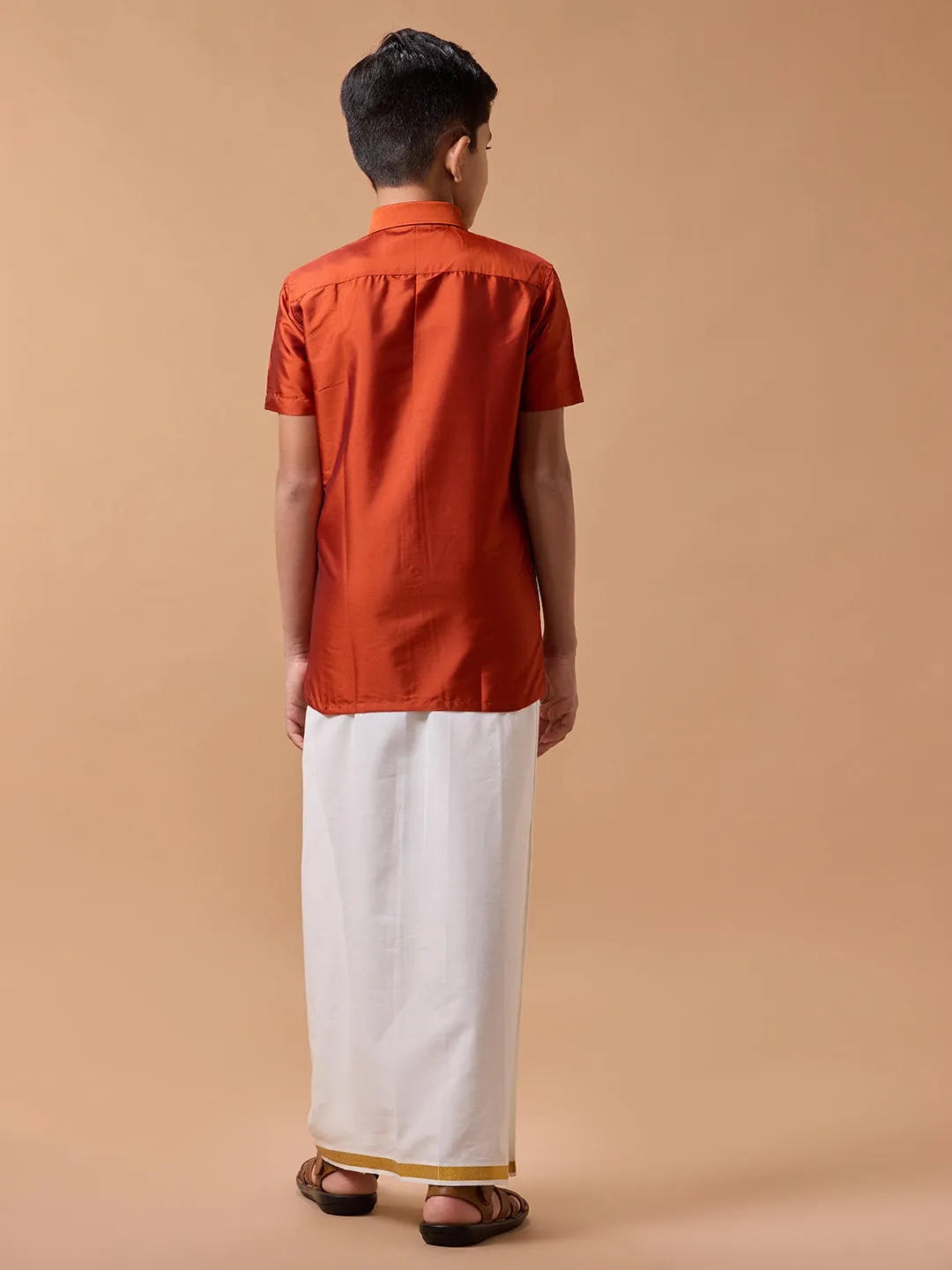 Boys Silk Cotton Shirt with Dhoti Set Brick