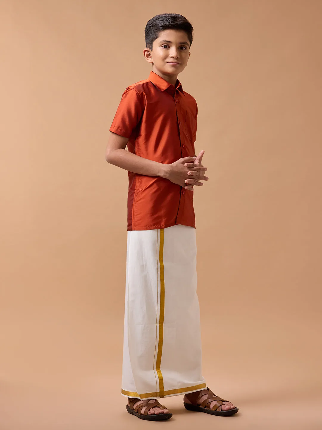 Boys Silk Cotton Shirt with Dhoti Set Brick