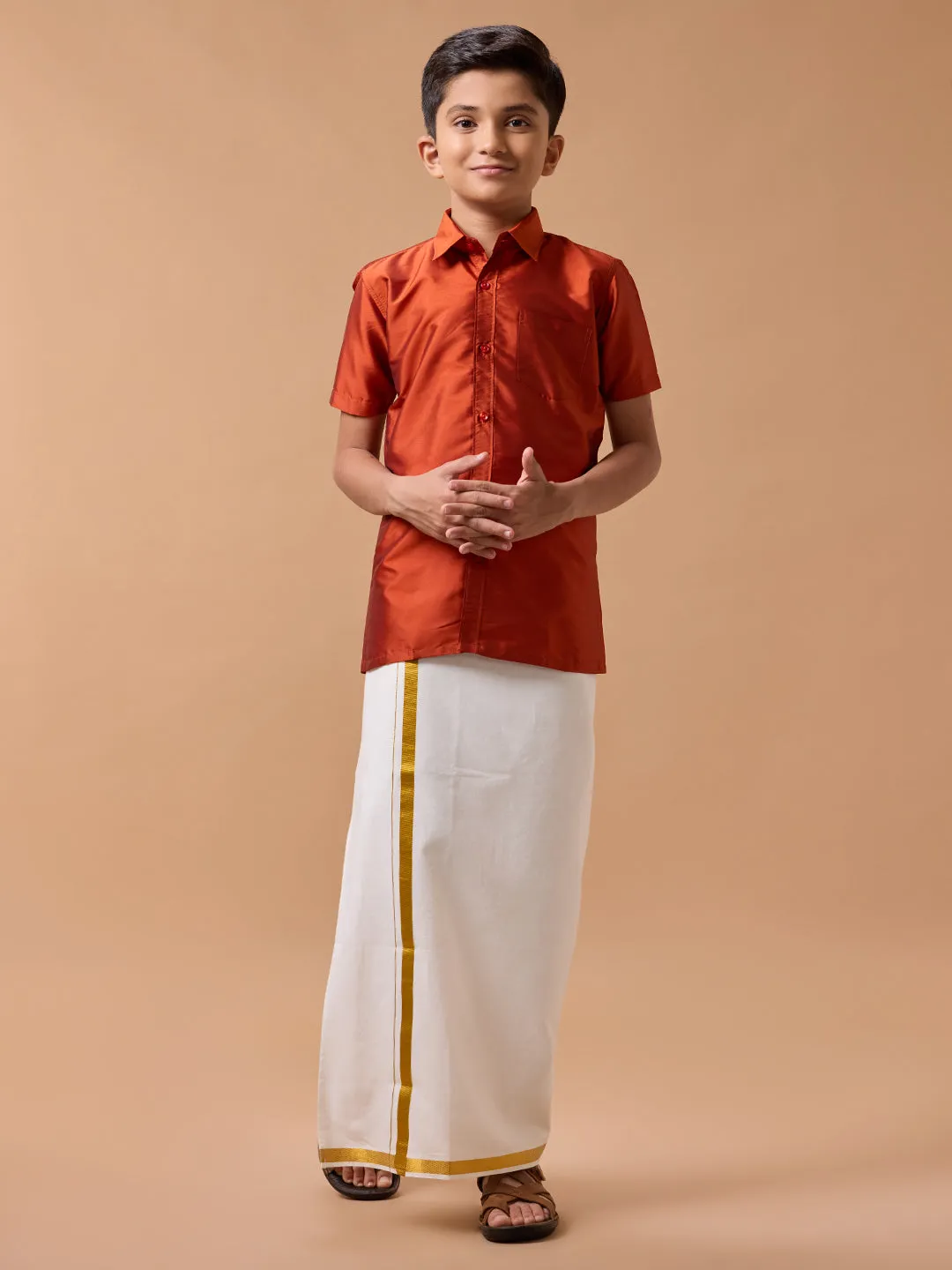 Boys Silk Cotton Shirt with Dhoti Set Brick