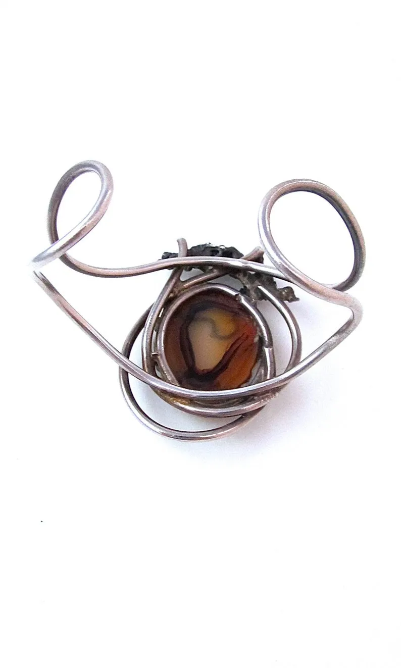 BRUTALIST 1970s Brown Agate & Silver Tone Metal Cuff