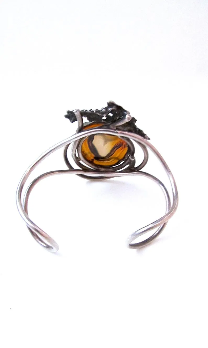 BRUTALIST 1970s Brown Agate & Silver Tone Metal Cuff