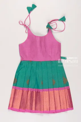 Chic Fuchsia and Emerald Silk TieUp Party Frock