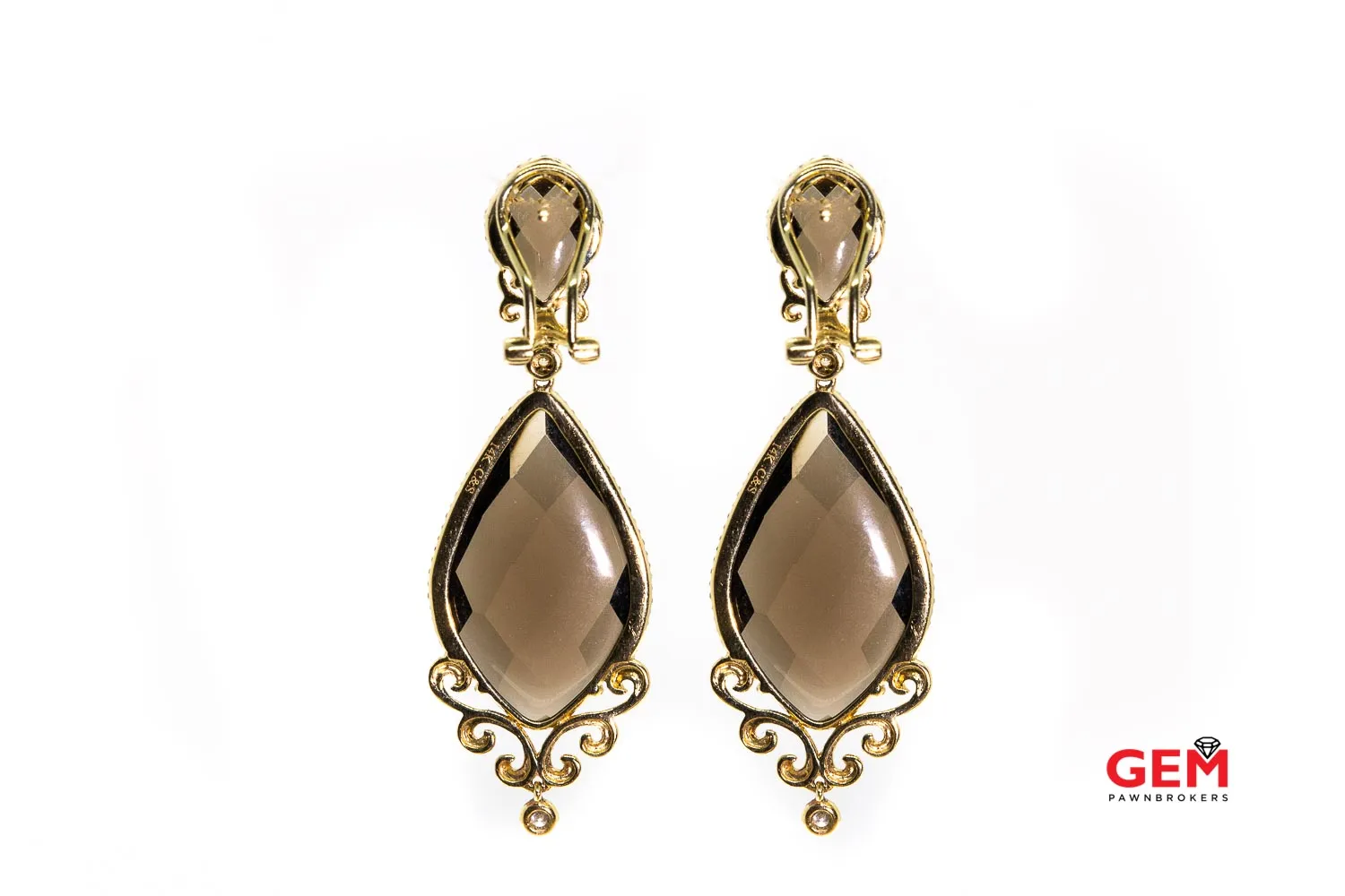 Designer C&S Contemporary Diamond & Smoky Quartz Dangling Earrings 14k 585 Yellow Gold