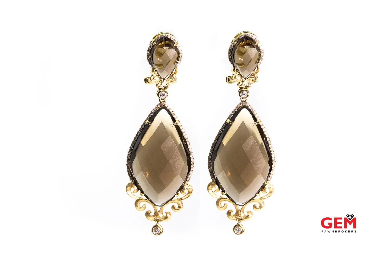 Designer C&S Contemporary Diamond & Smoky Quartz Dangling Earrings 14k 585 Yellow Gold