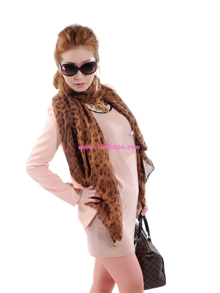 DOUBLE LAYER LEOPARD SILK SCARF - BROWN