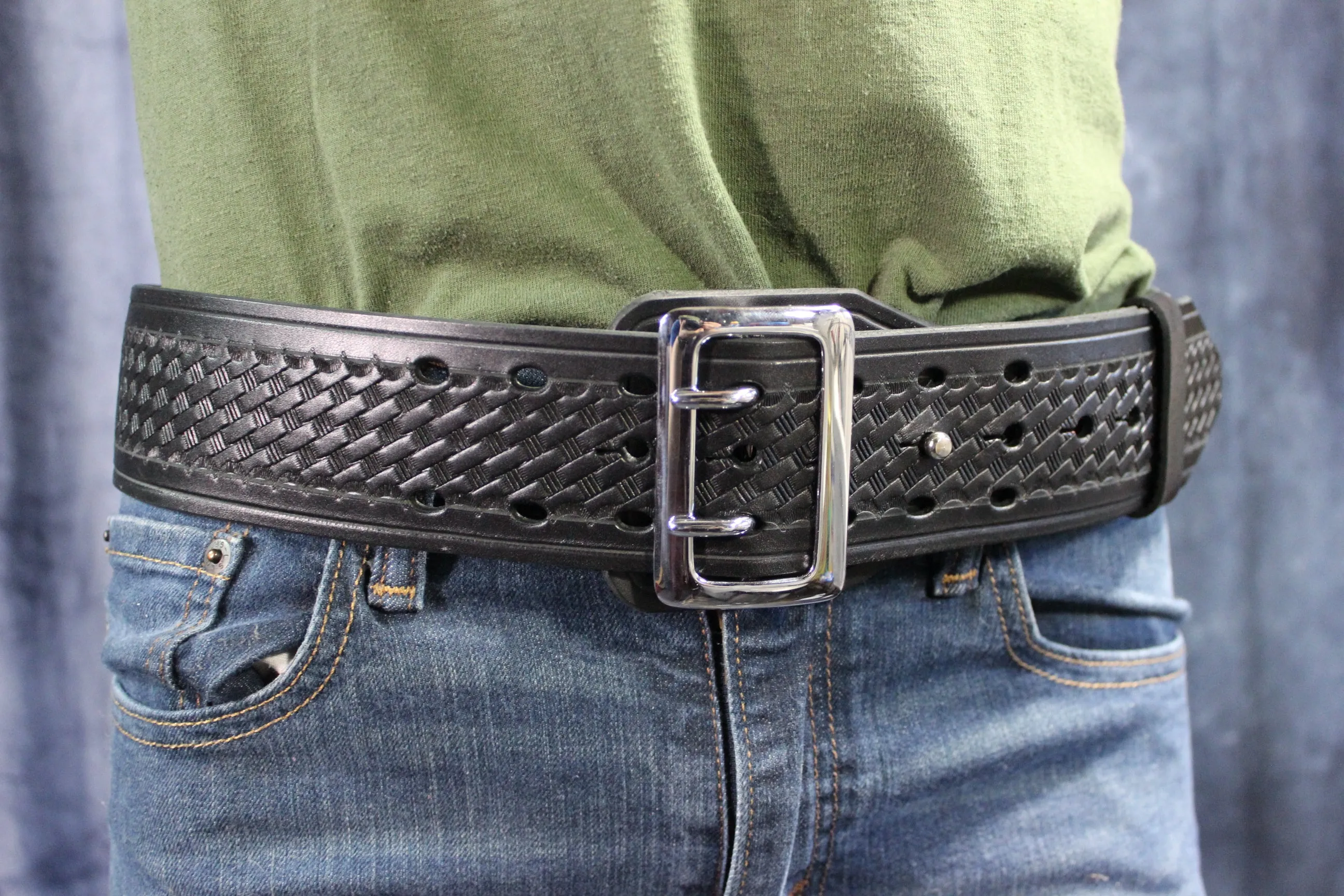 Duty Belt with Basketweave Embossing and Sam Brown Buckle and Stud