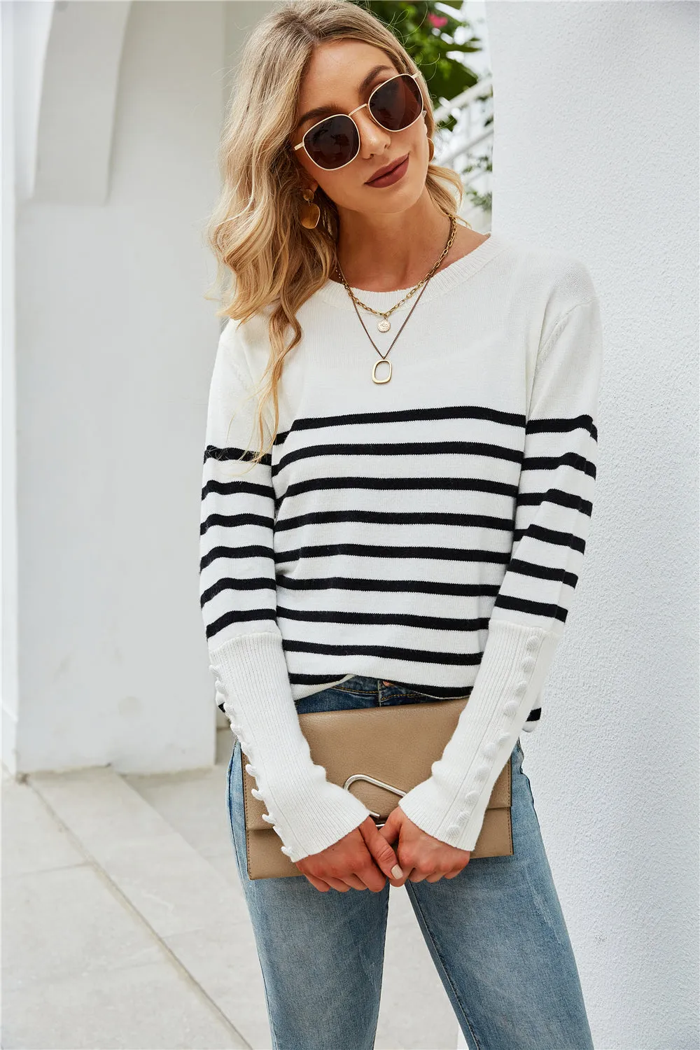 elveswallet Button Striped Plus Size Bottoming Sweater