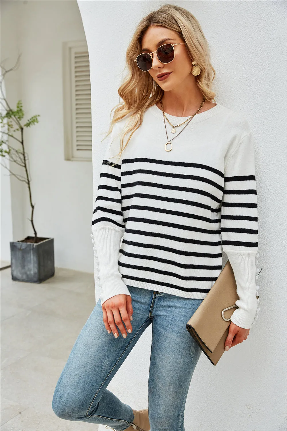 elveswallet Button Striped Plus Size Bottoming Sweater