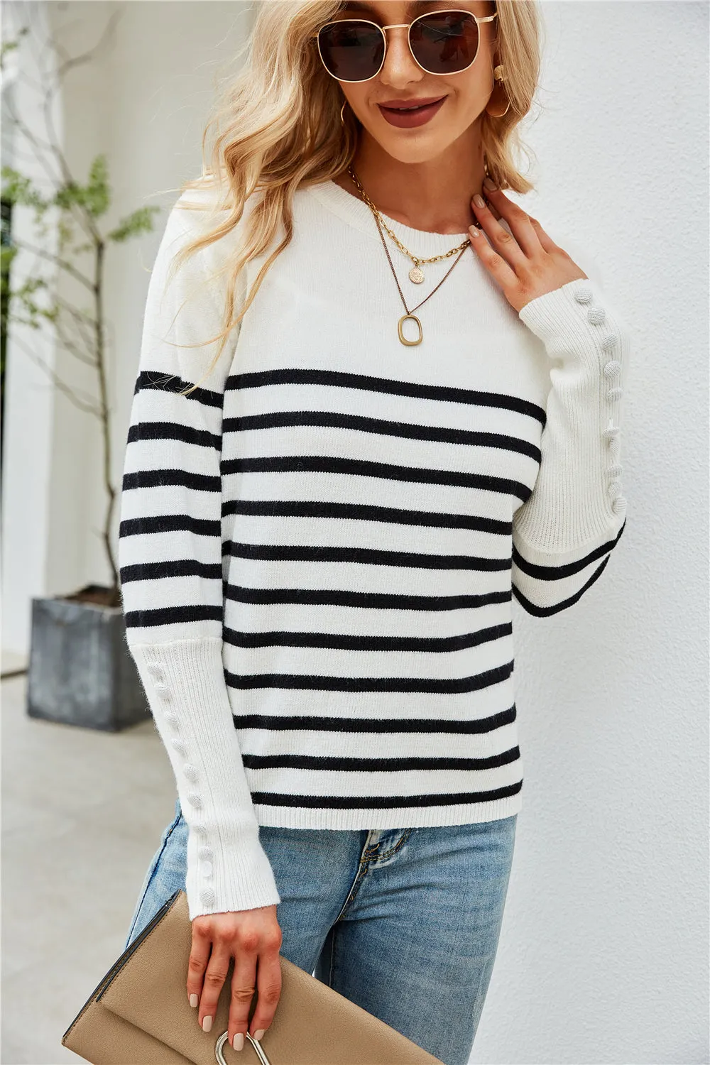 elveswallet Button Striped Plus Size Bottoming Sweater