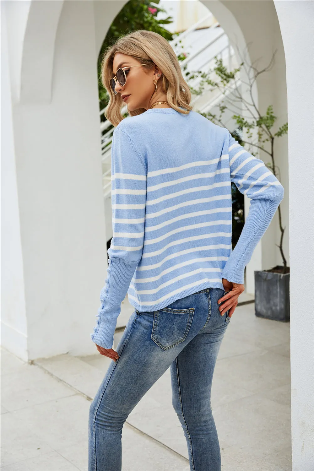 elveswallet Button Striped Plus Size Bottoming Sweater