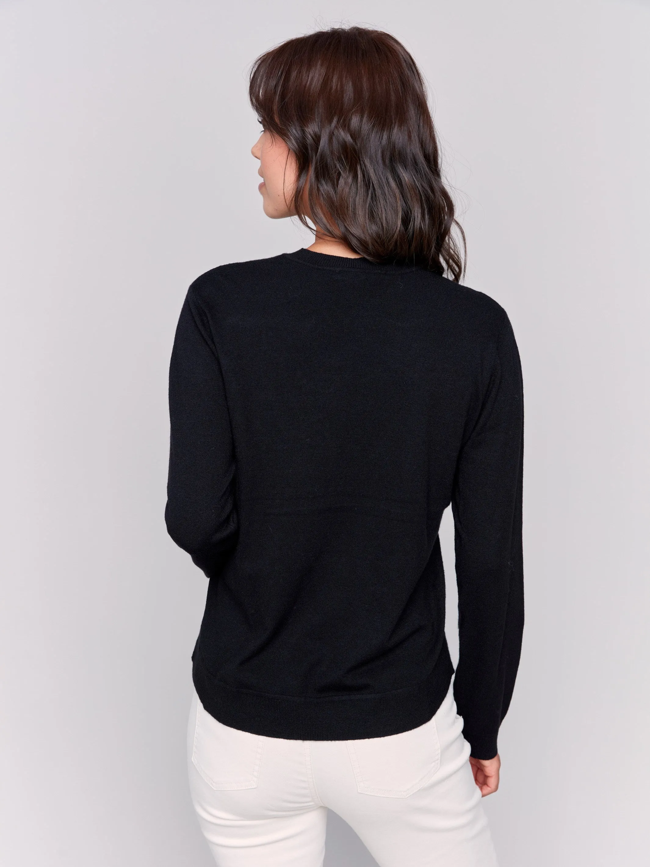 Embroidered Round Hem Sweater - Black