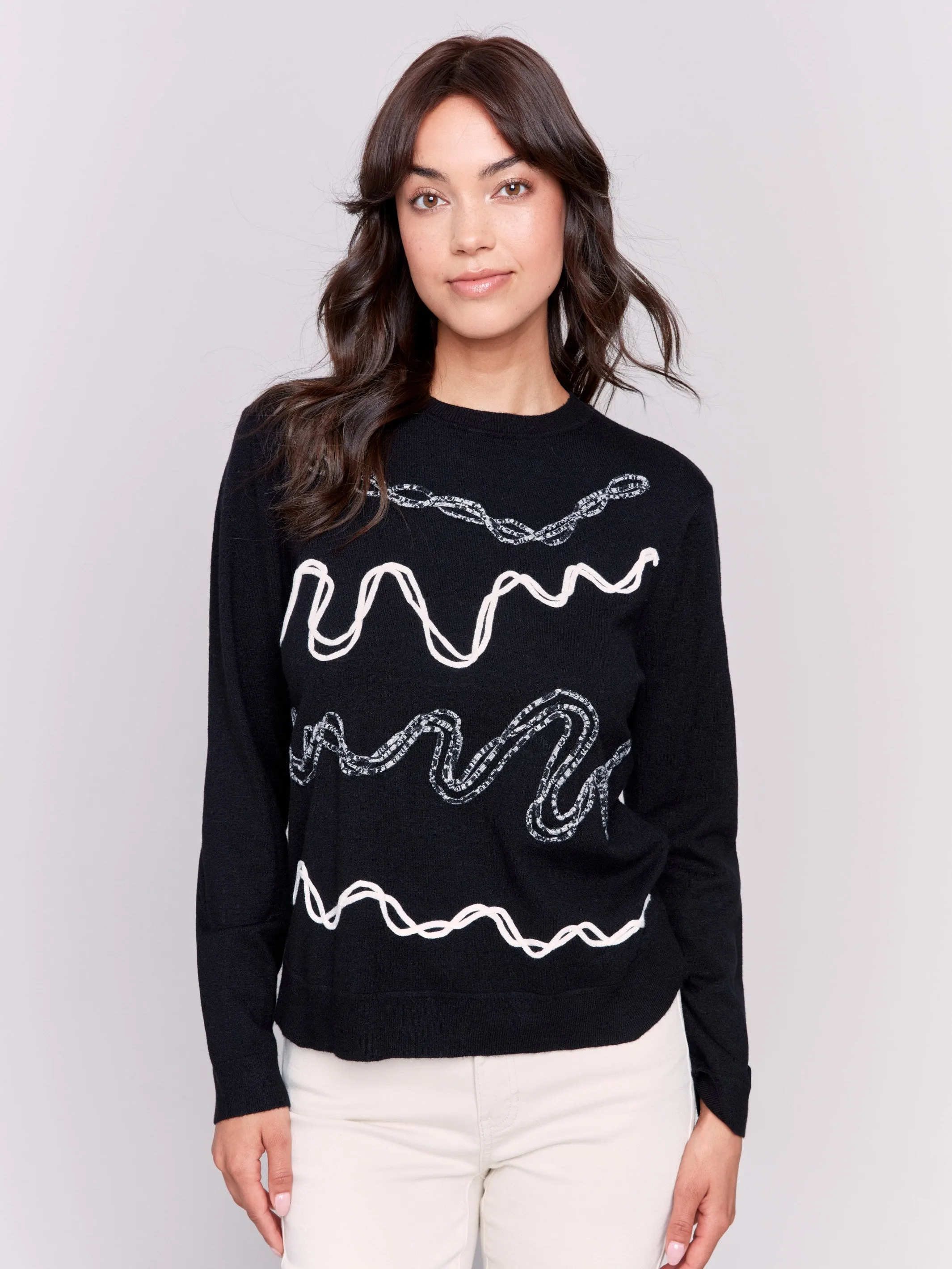 Embroidered Round Hem Sweater - Black