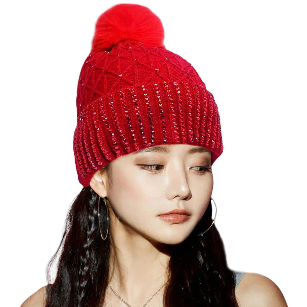 Fleece Lining Rhinestone Embellished Pom Pom Beanie Hat