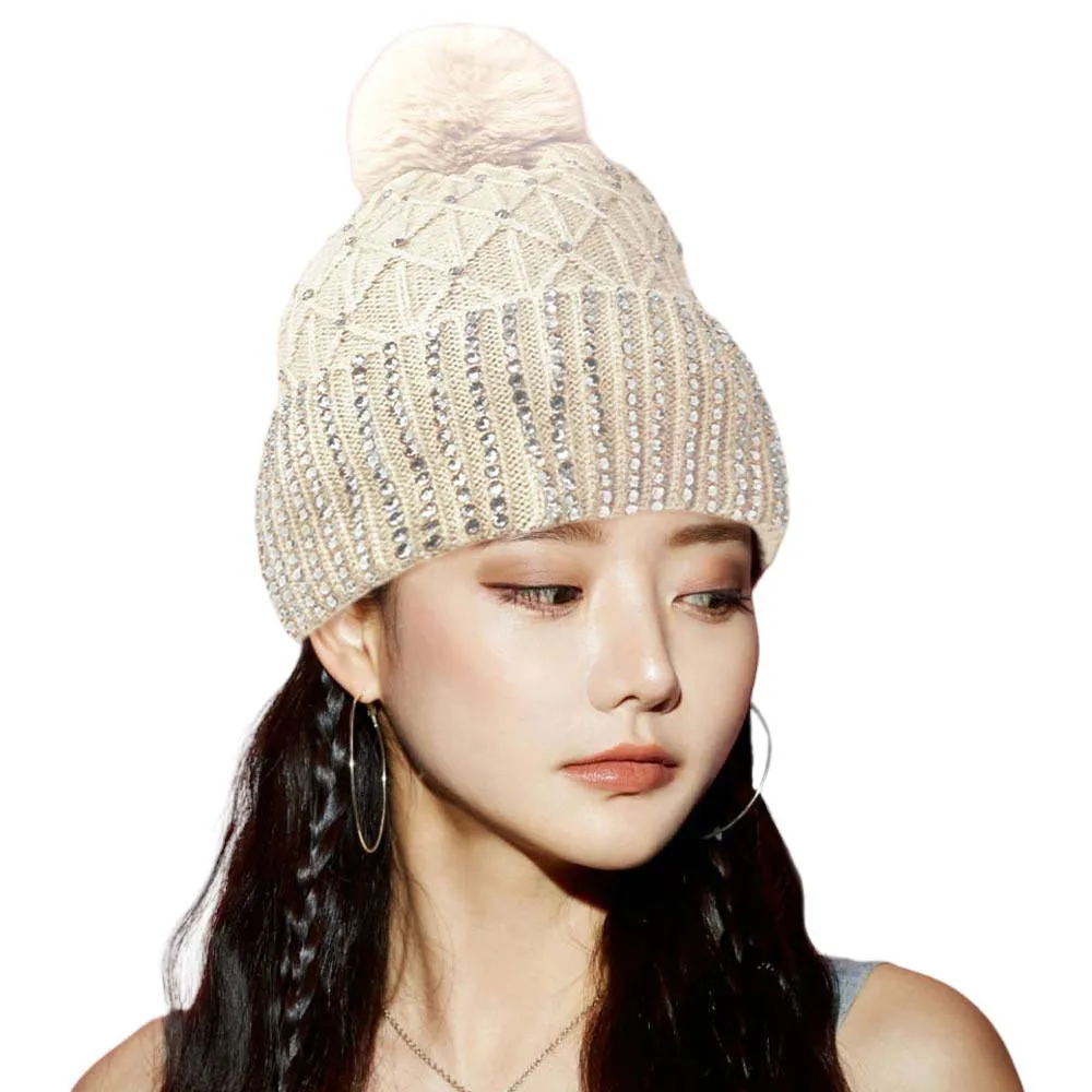 Fleece Lining Rhinestone Embellished Pom Pom Beanie Hat