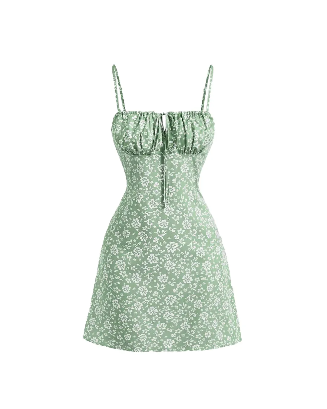 Floral Print Ruched Bust Front Bow Green Cami Dress