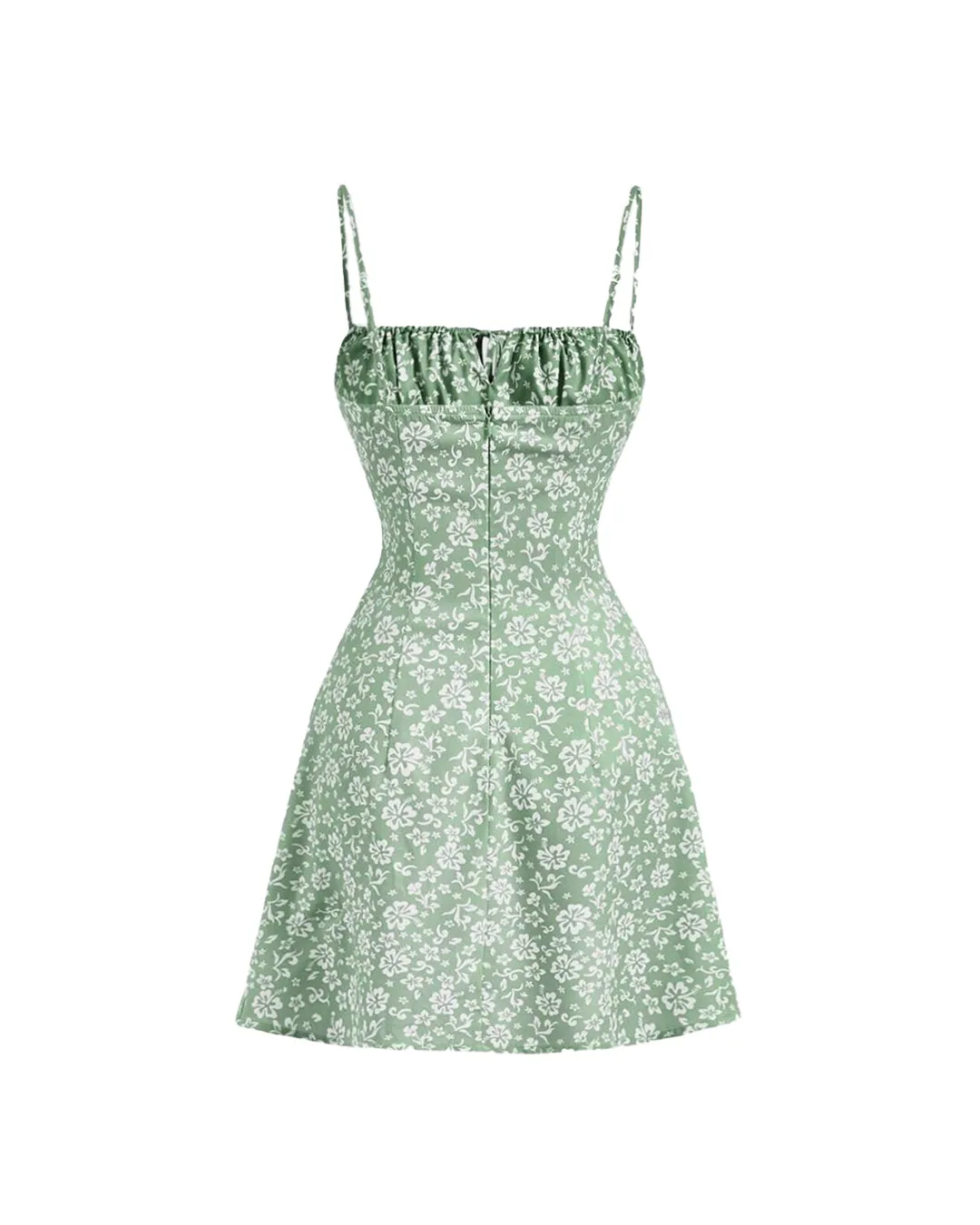 Floral Print Ruched Bust Front Bow Green Cami Dress