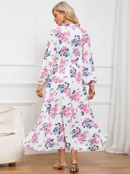 Floral Tie Front Balloon Sleeve Dress