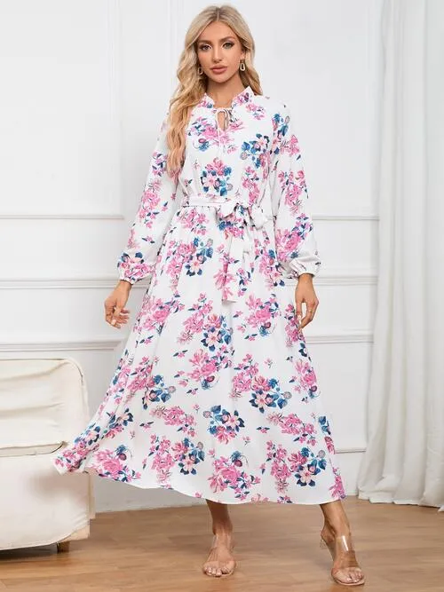 Floral Tie Front Balloon Sleeve Dress