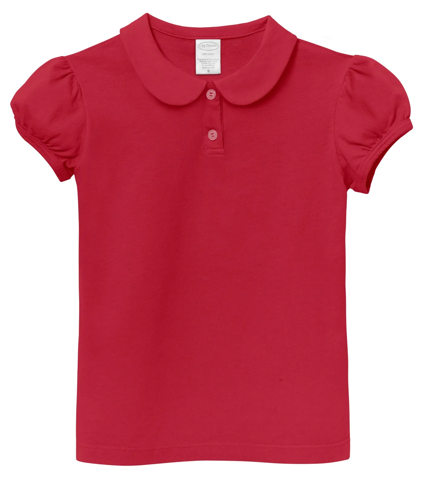 Girls Soft Cotton Jersey Peter Pan Collar Polo Puff Short Sleeve Tee-Seconds | Damage Uniform Red