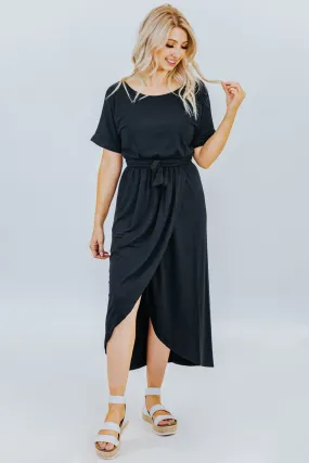 Give Me Peace Belted Tulip Dress in Black