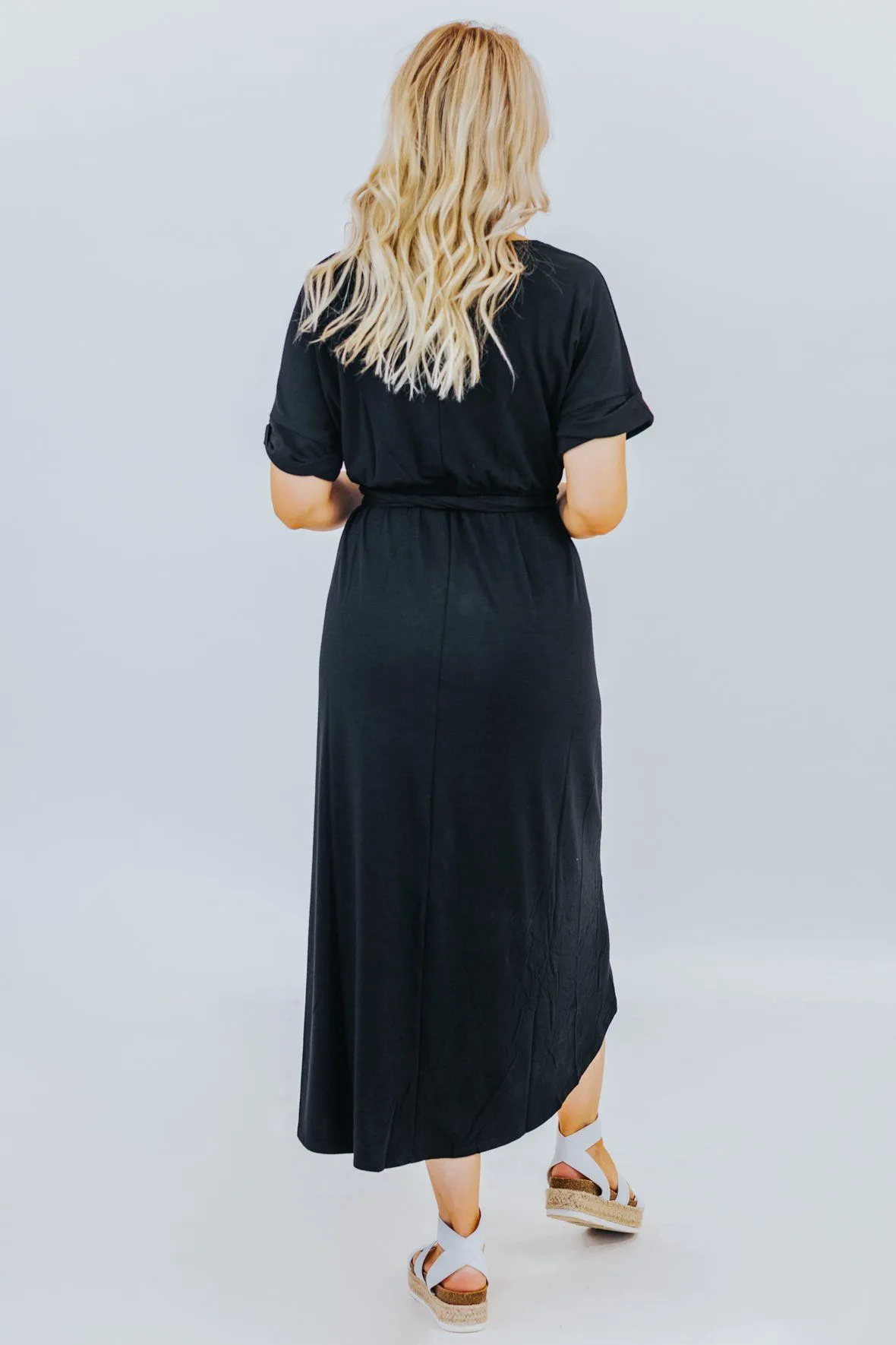 Give Me Peace Belted Tulip Dress in Black