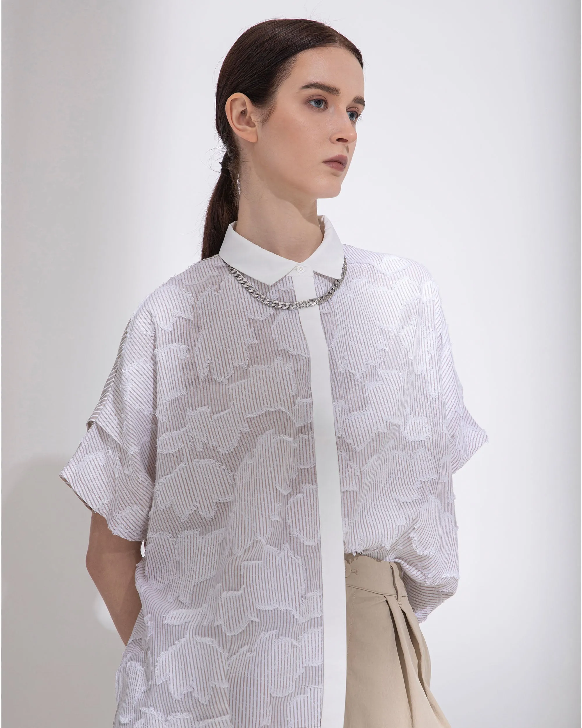 Jacq & Cutwork Folded Sleeve Button Up Blouse