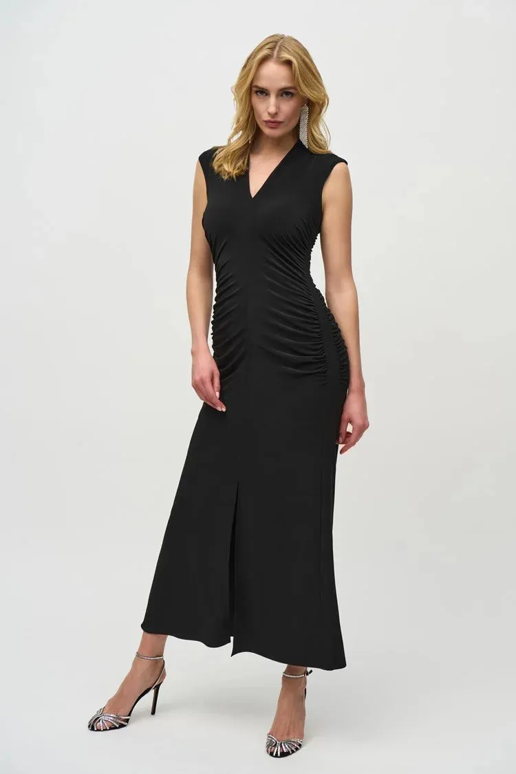 Joseph Ribkoff Black SIlky Knit Shirred Maxi Dress