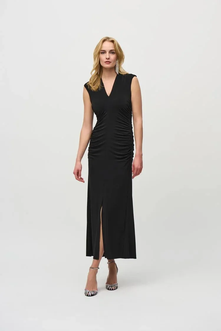 Joseph Ribkoff Black SIlky Knit Shirred Maxi Dress