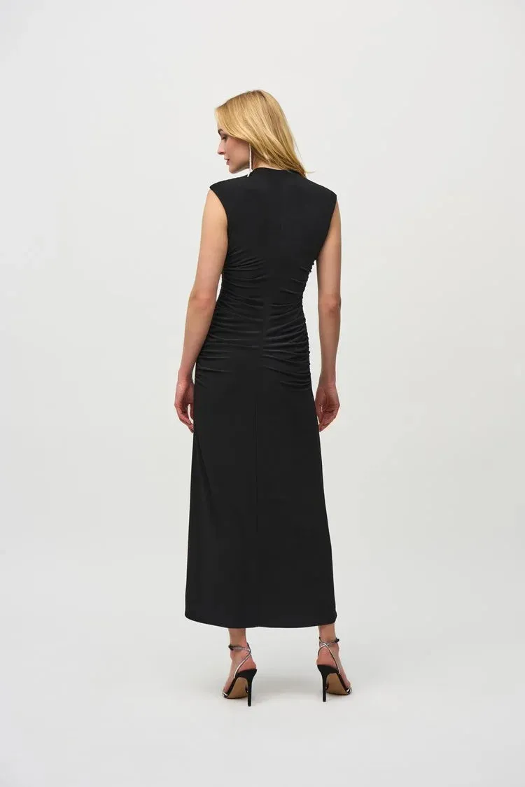 Joseph Ribkoff Black SIlky Knit Shirred Maxi Dress