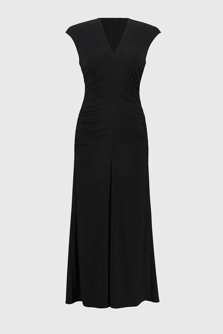 Joseph Ribkoff Black SIlky Knit Shirred Maxi Dress