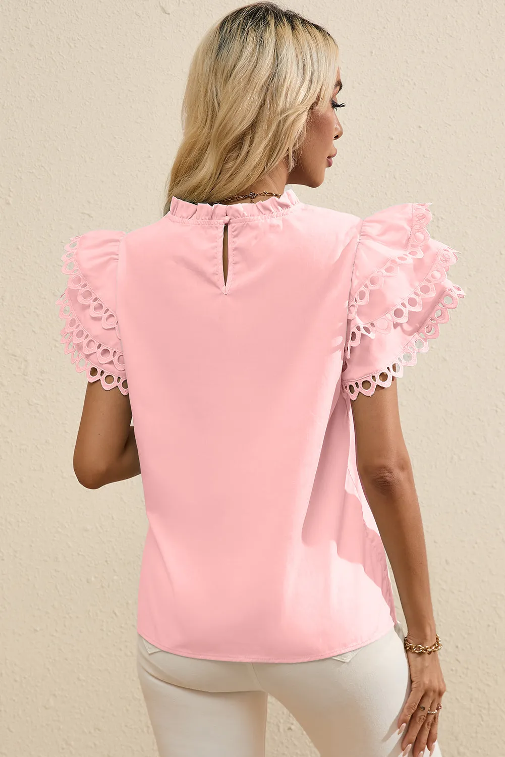 Light Pink Layered Ric Rac Cap Sleeve Frilled Neck Blouse