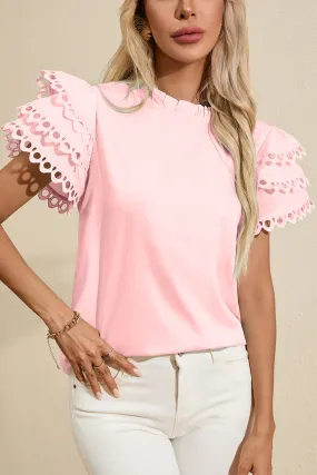 Light Pink Layered Ric Rac Cap Sleeve Frilled Neck Blouse