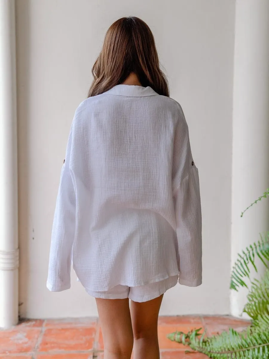 Madison Long Sleeve Button Up Shorts 2 piece Coord Set in White