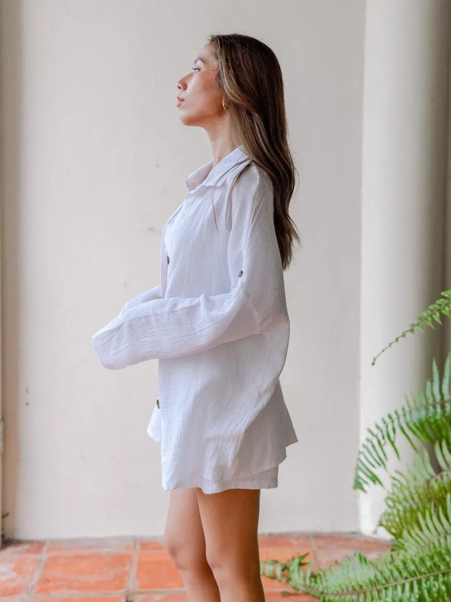 Madison Long Sleeve Button Up Shorts 2 piece Coord Set in White