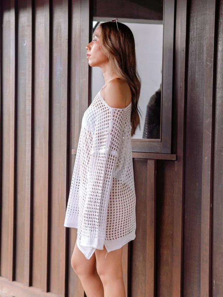 Malia Long Sleeve Oversized Crochet Top in White