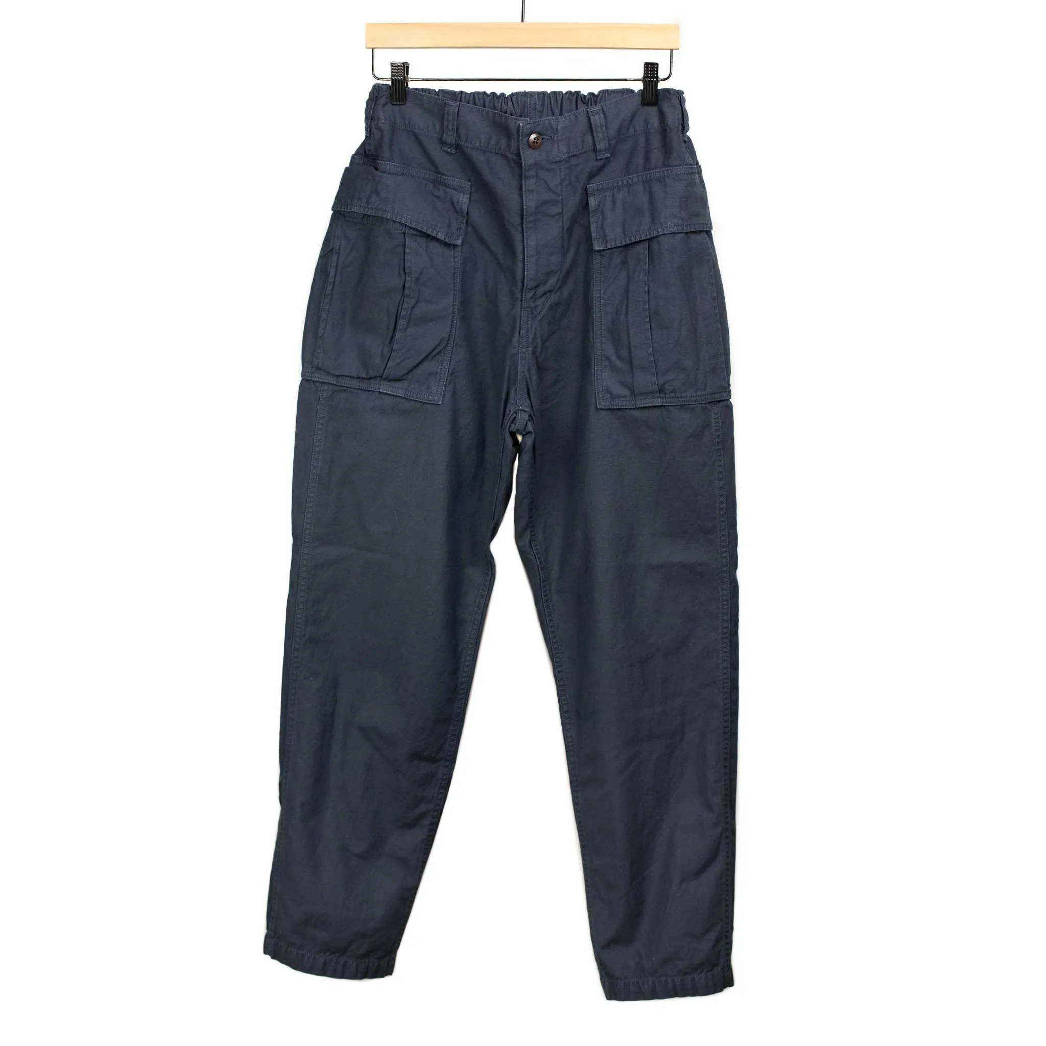 Military easy pants in navy blue cotton and linen reverse sateen