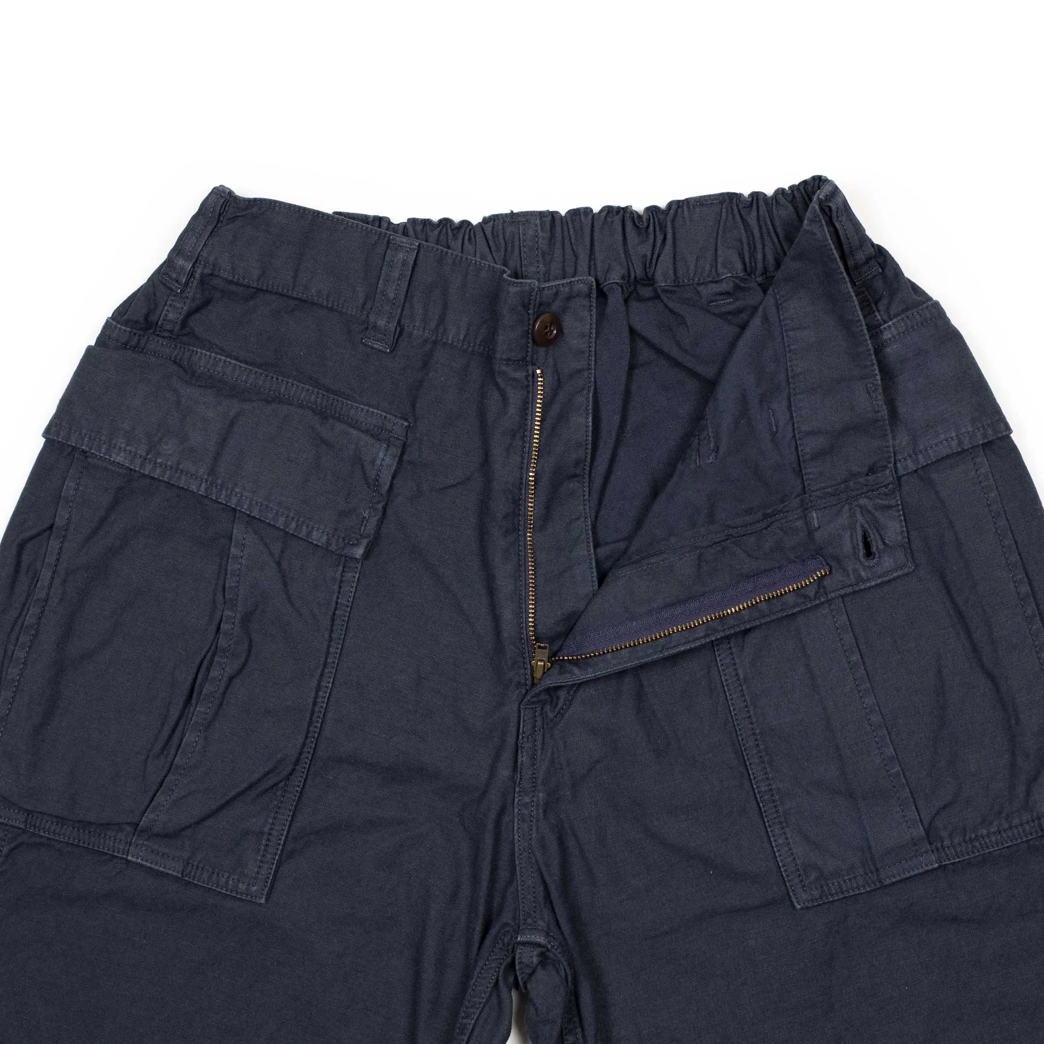 Military easy pants in navy blue cotton and linen reverse sateen